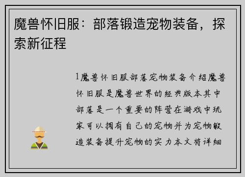 魔兽怀旧服：部落锻造宠物装备，探索新征程